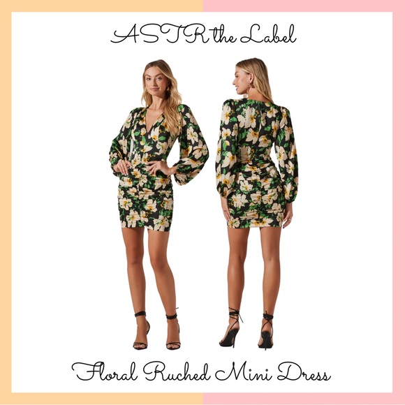 ASTR Black and Yellow Floral Ruched Mini Dress (NWT) - Picture 1 of 11